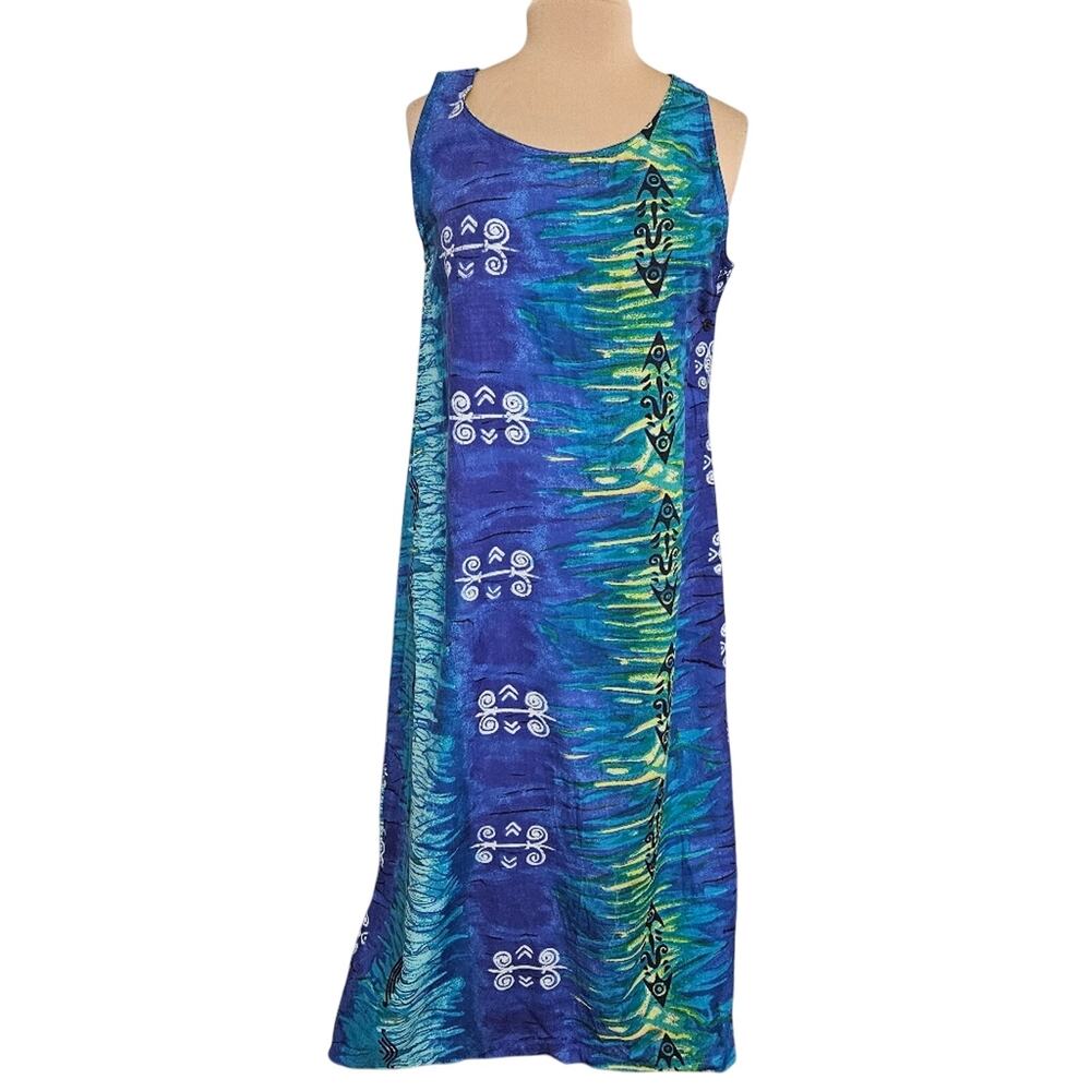Sita Dress‎ Medium Blue Green Sleeveless Maxi Tropical Hawaai Indie Sleaze Aztec